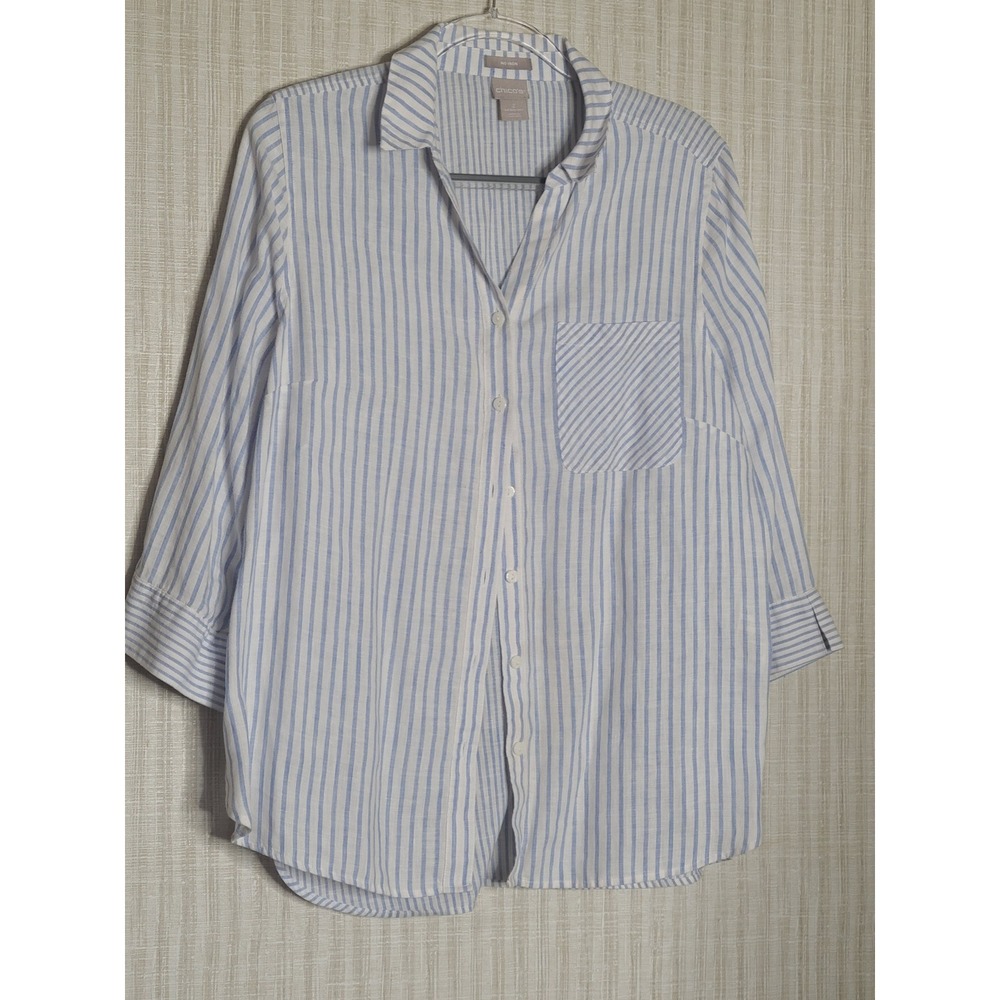 Chicos Striped Linen Blend Button Down Shirt Top 3/4 Sleeve